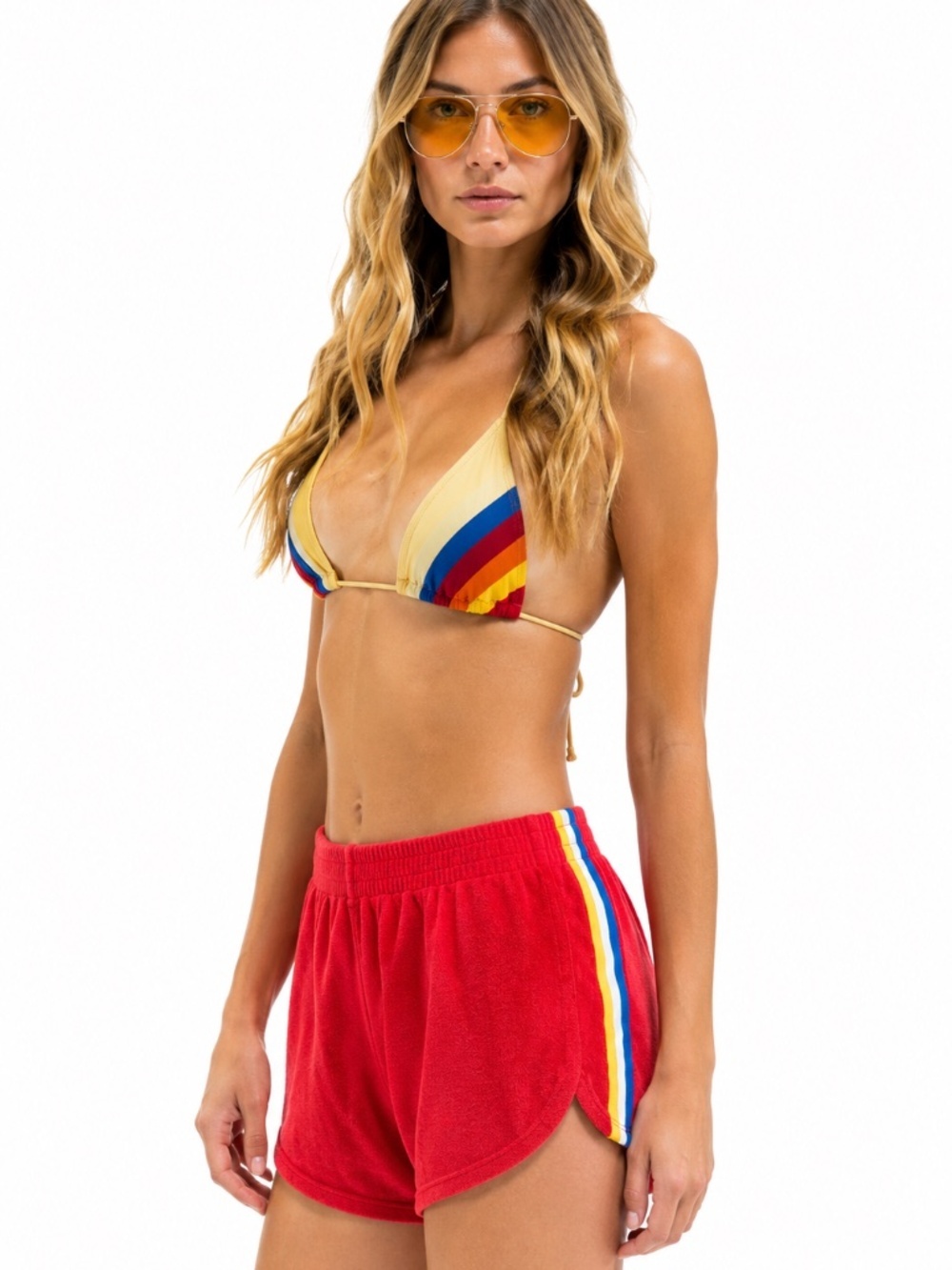 Red Terrycloth Retro Dolphin Shorts with Blue/White/Yellow Side Stripes – Size S